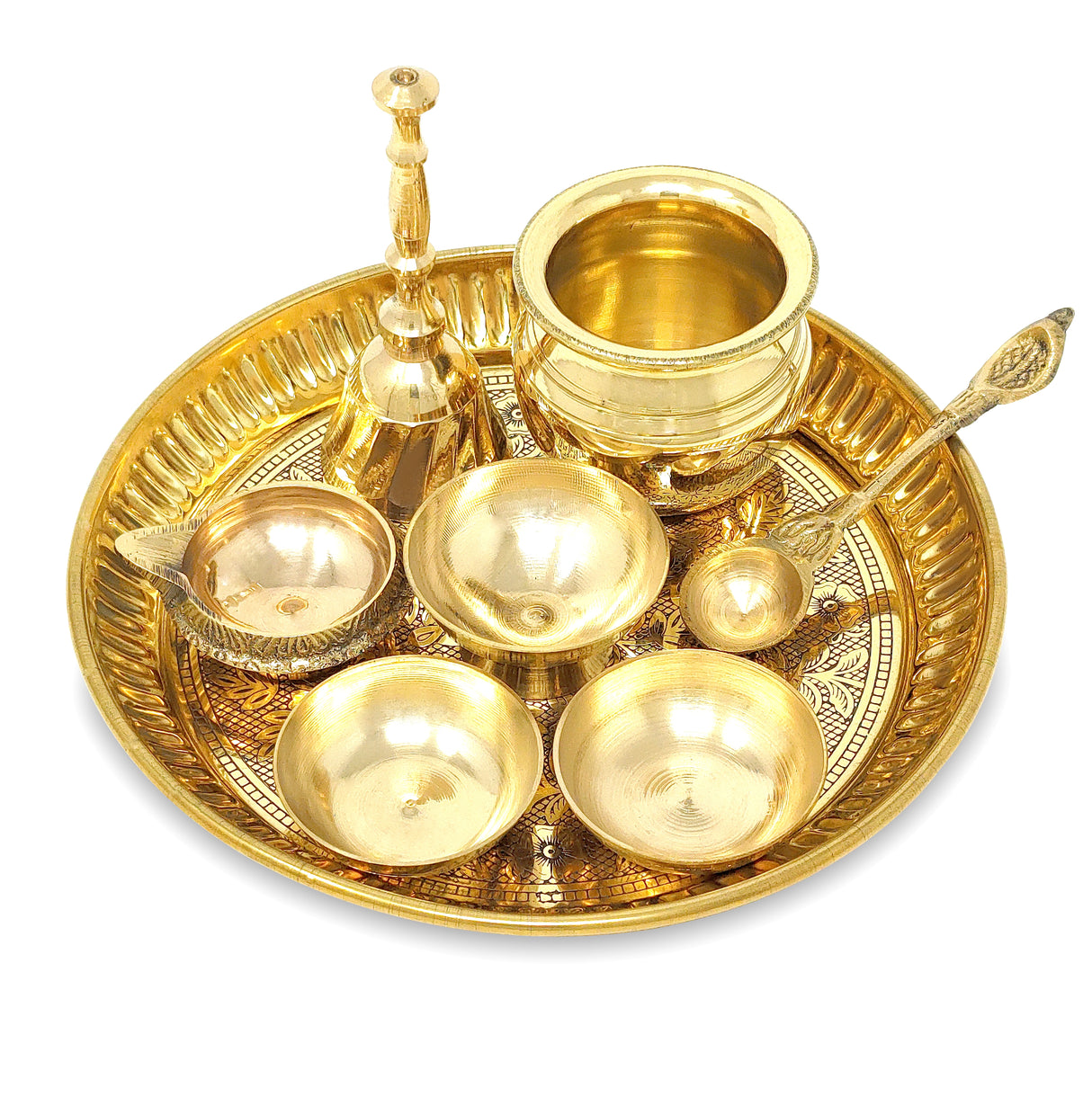 Pooja Thali Set Brass Small 6 Inch Puja Thali with Pital Plate Chandan Wati Kalash Kuber Diya Ghanti Palli Arti Thali for Diwali Home Office Mandir Wedding Return Gift Items