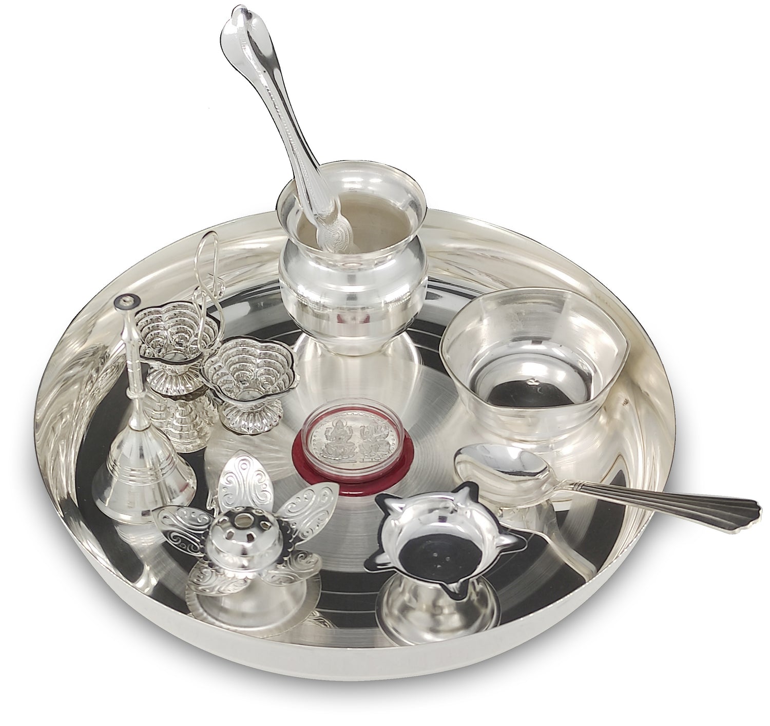 Bengalen Silver Plated Pooja thali Set 8 Inch with Plate Diya Kalash Bowl Ghanti Dhup Dan Palli Spoon Kumkum Stand Coin Puja Thali for Diwali Home Mandir Office Wedding Return Gift Items