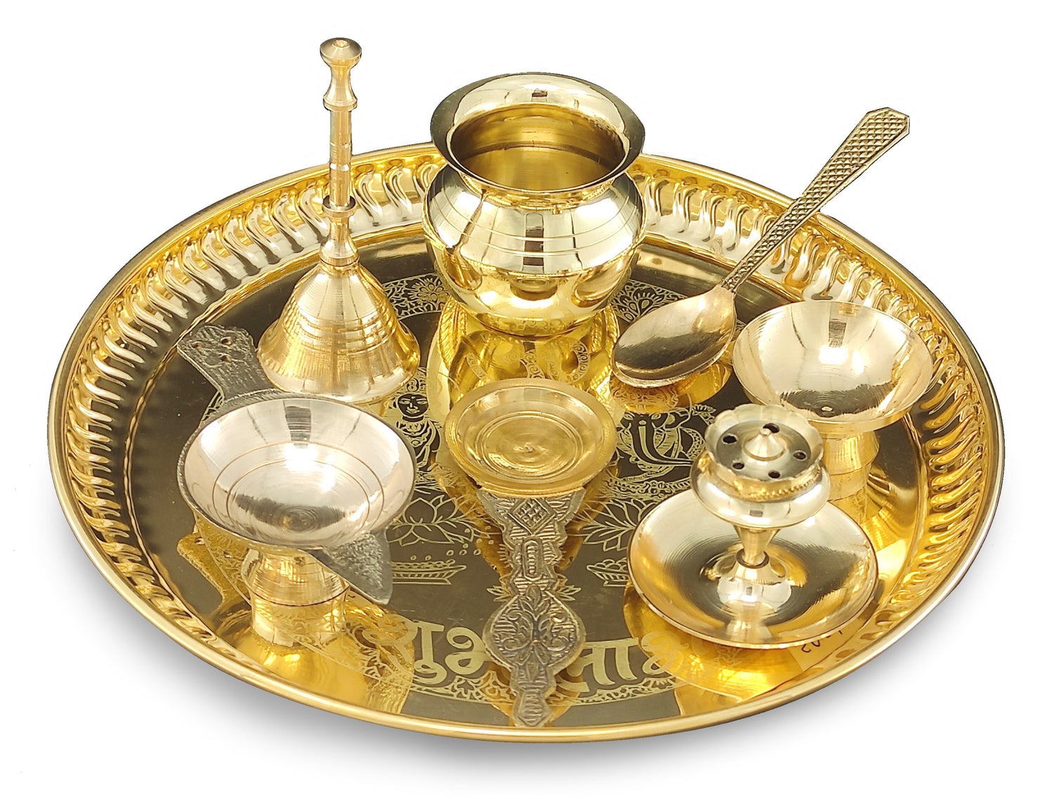 Bengalen Brass Pooja thali Set 8 Inch with Pital Plate Kalash Spoon Diya Bowl Dhup Dan Ghanti Kappur Arti Daily Puja Thali for Diwali Home Mandir Office Wedding Return Gift Items