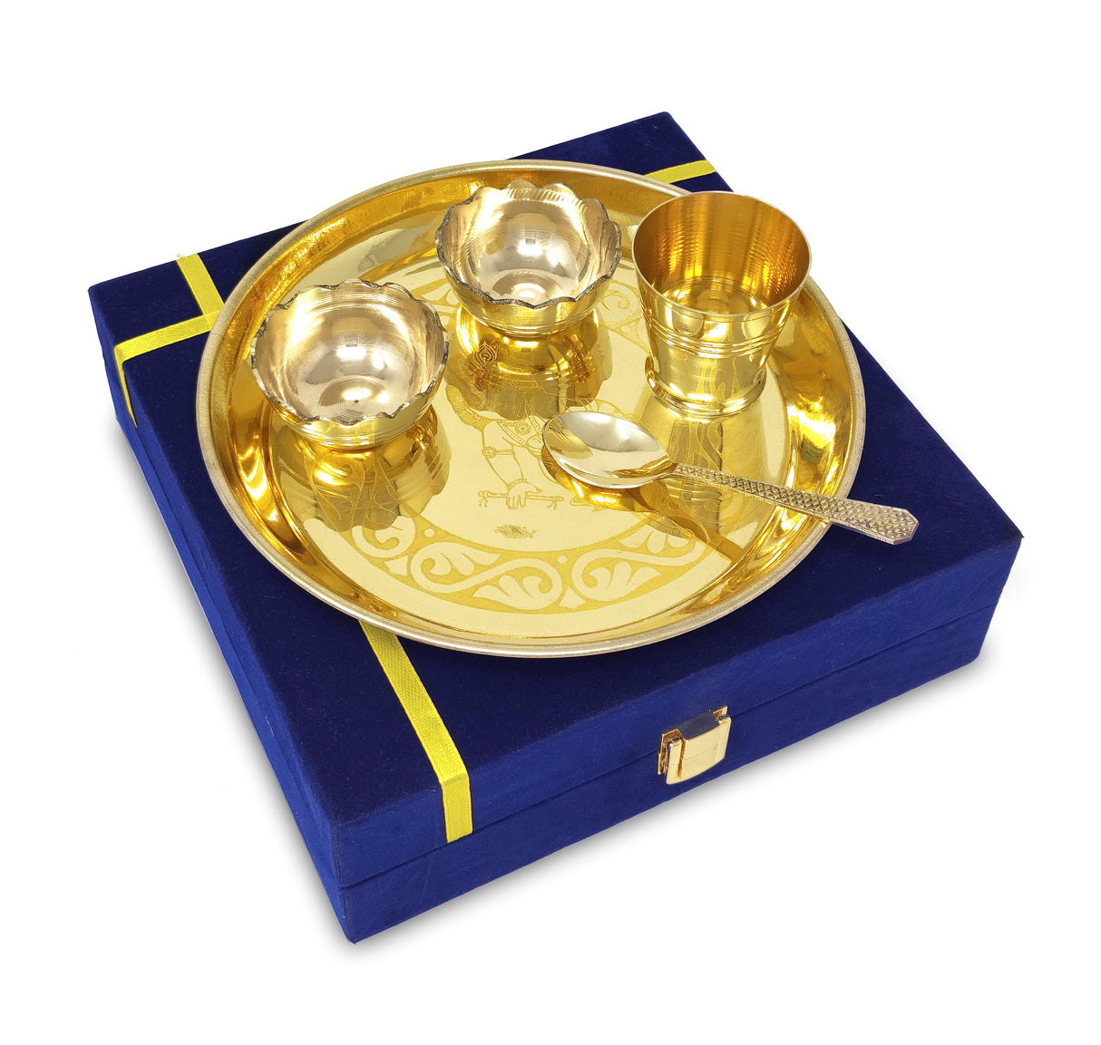 NOBILITY Pooja Thali Set Small 7 Inch With Blue Velvet Box Brass Laddu Gopal Bhog Thali for Krishna Janmashtami Decoration Puja Item Festival Puja Kanha Bhog Thali Set for Home Office Mandir Return Gift Items