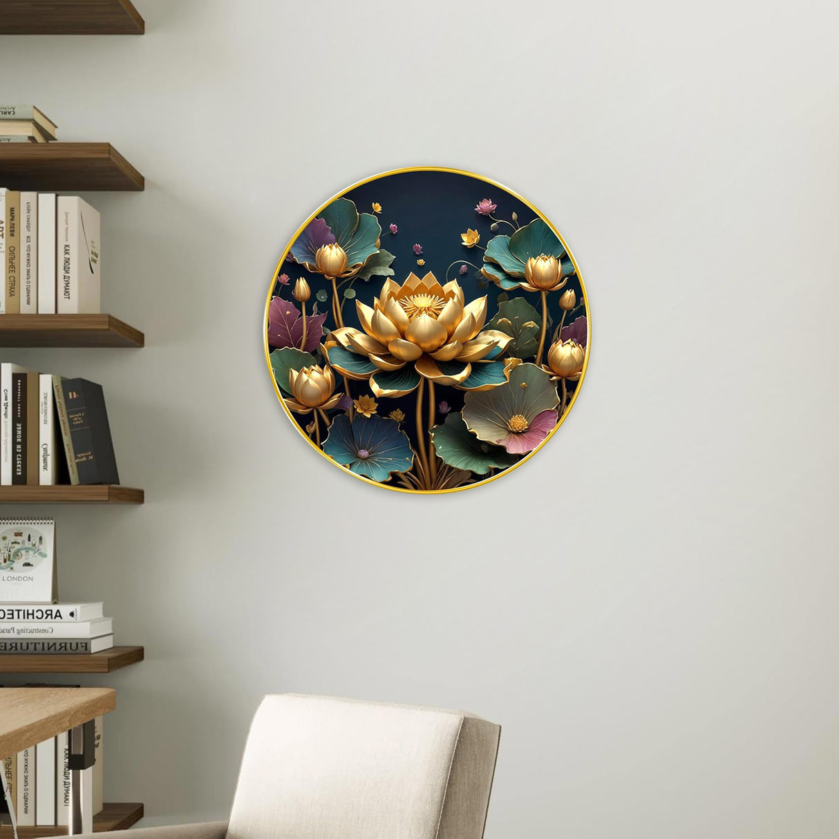 NOBILITY Golden Lotus Painting modern sparkle lamination wall art with premium golden slim frame for Home Living Room