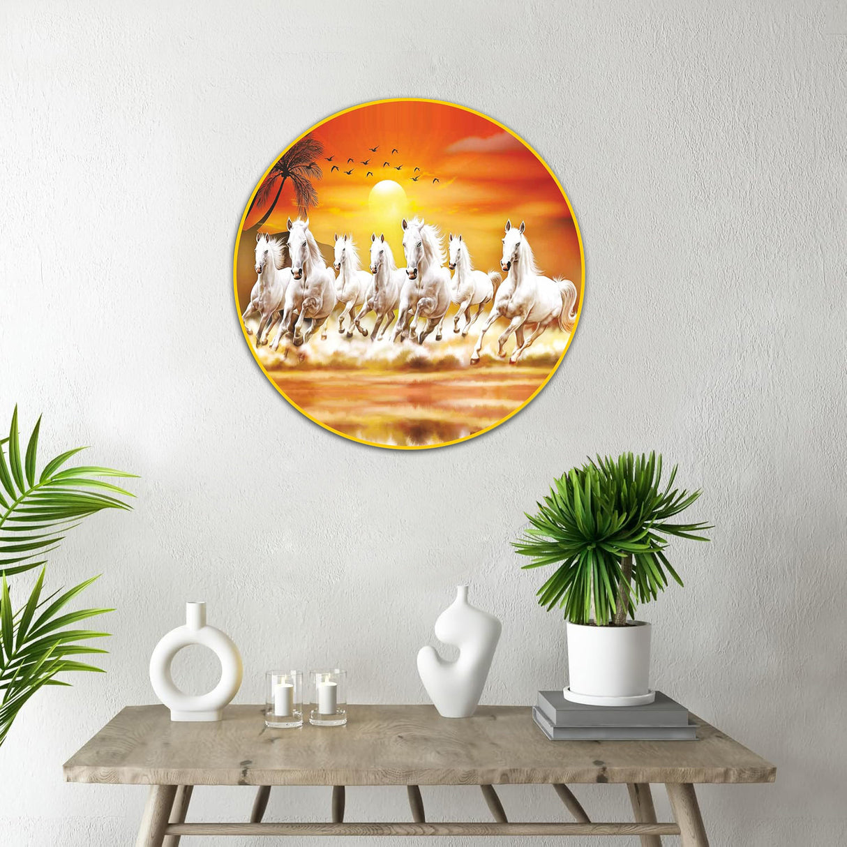 NOBILITY Seven Running Horses Painting modern sparkle lamination Horse wall art with premium golden slim frame for Home Living Room Office Wedding Return Diwali Gift Items for Friends Family