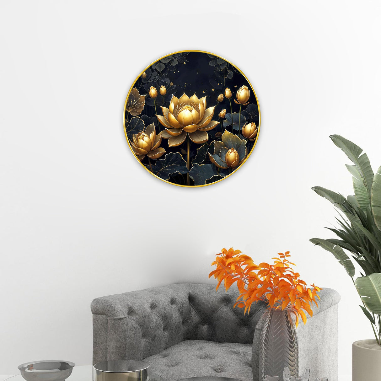 NOBILITY Golden Lotus Painting modern sparkle lamination Flower wall art with premium golden slim frame for Home Living Room Office Wedding Return Christmas Diwali Gift Items for Friends Family