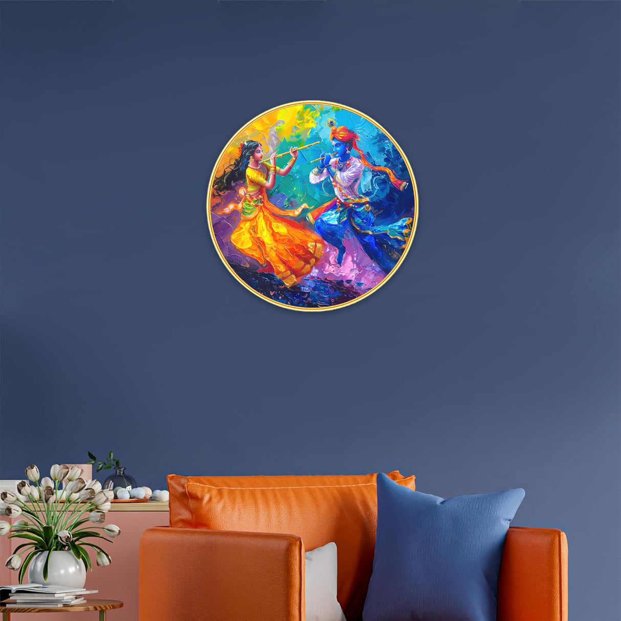 NOBILITY Radha Krishna Painting modern sparkle lamination wall art with premium golden slim frame for Home Living Room