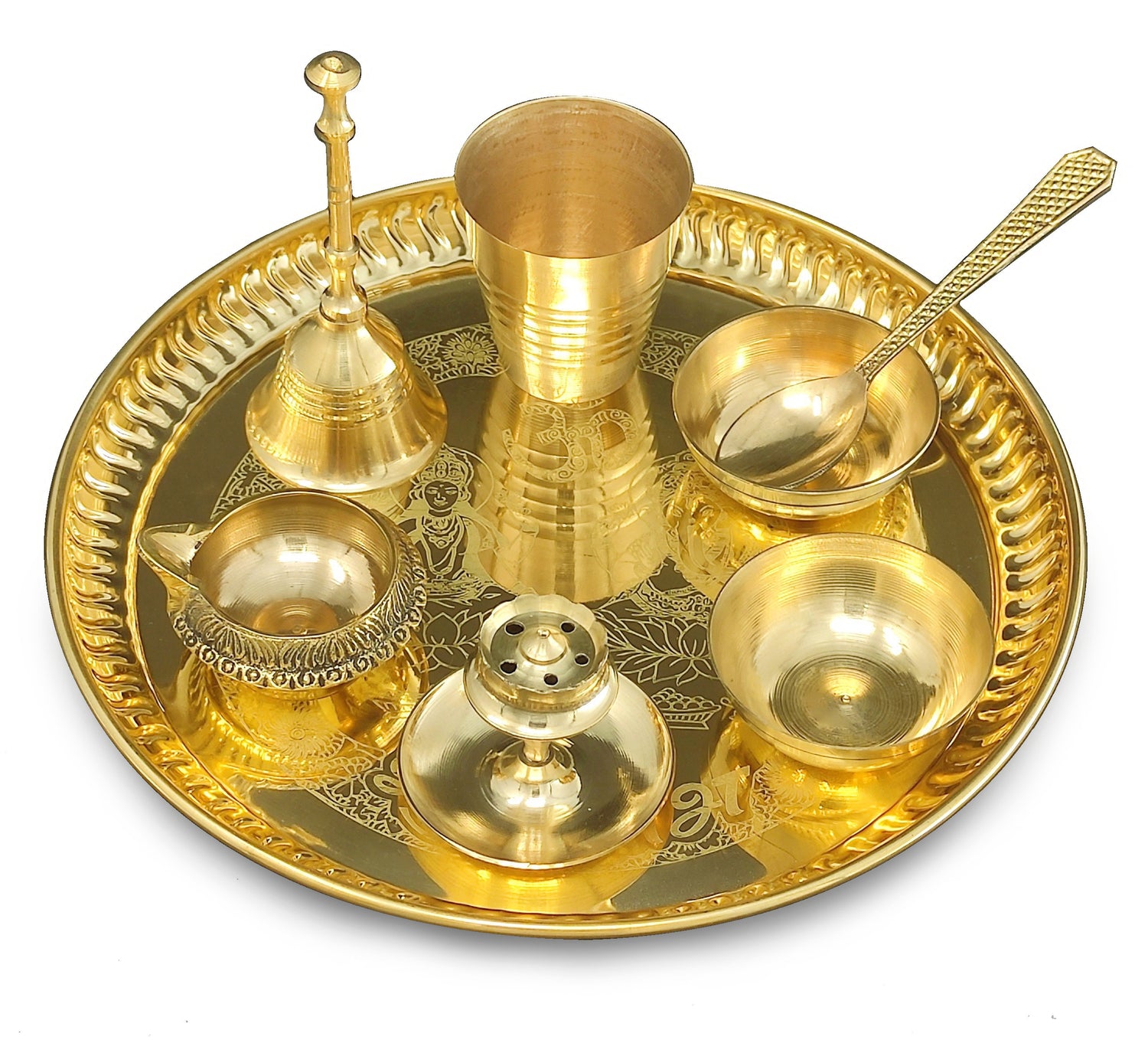 Bengalen Brass Pooja thali Set 8 Inch with Pital Plate Glass Spoon Ghanti Bowl Agarbatti Stand Kuber Diya Puja Thali for Diwali Home Mandir Office Wedding Return Gift Items