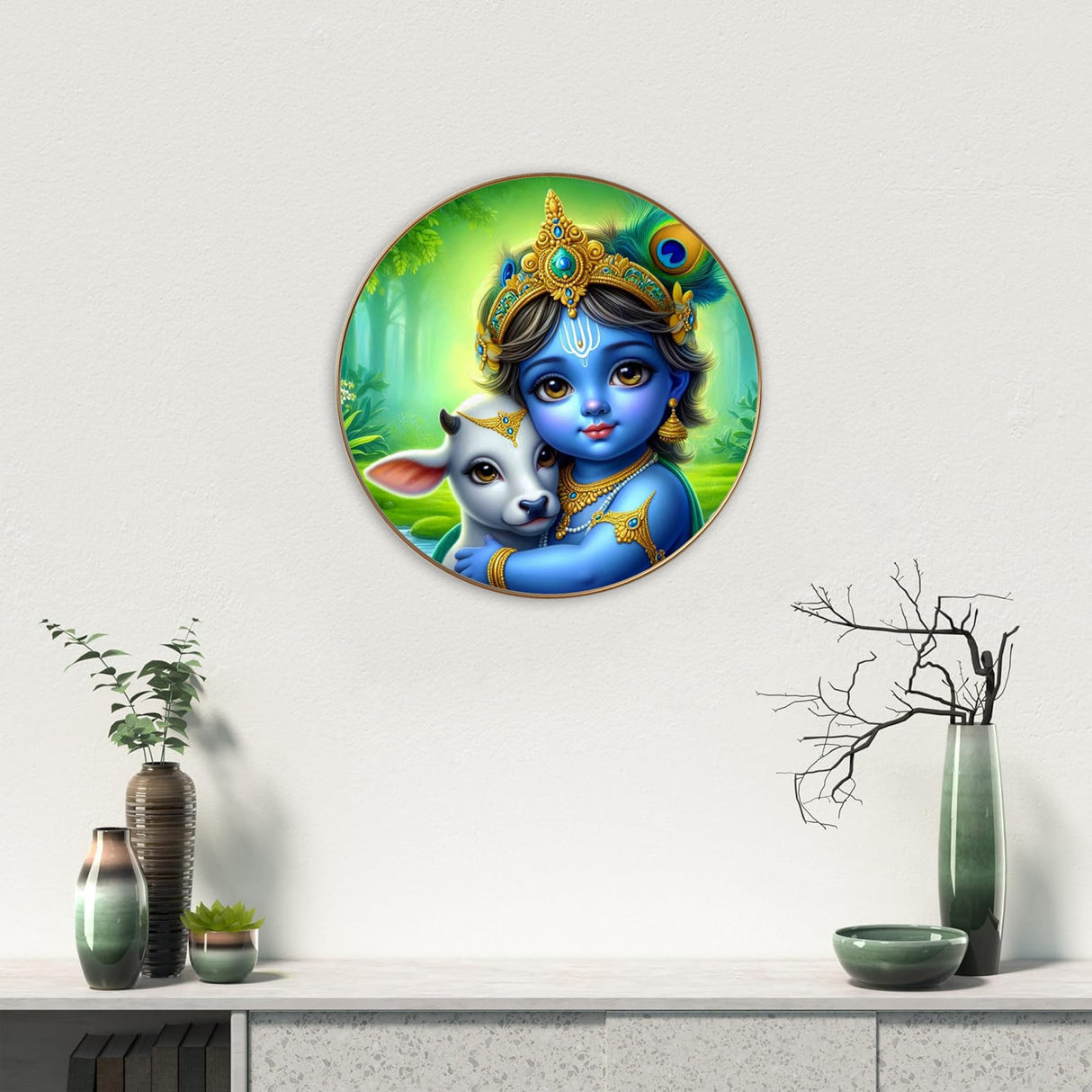 NOBILITY Krishna with cow Painting modern sparkle lamination Kanha wall art with premium golden slim frame for Home Living Room Office Wedding Return Christmas Diwali Gift Items for Friends Family
