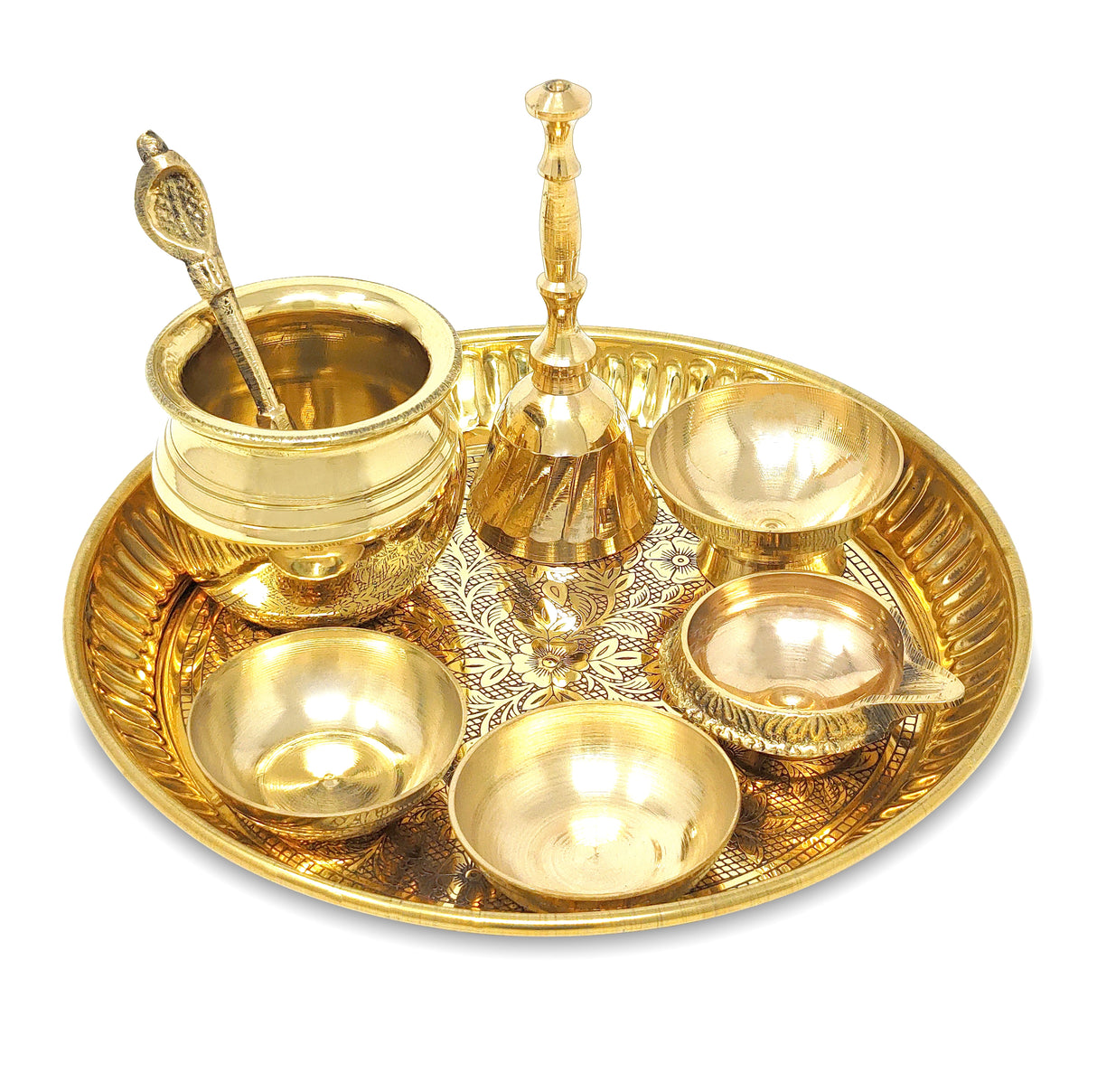 Pooja Thali Set Brass Small 6 Inch Puja Thali with Pital Plate Chandan Wati Kalash Kuber Diya Ghanti Palli Arti Thali for Diwali Home Office Mandir Wedding Return Gift Items