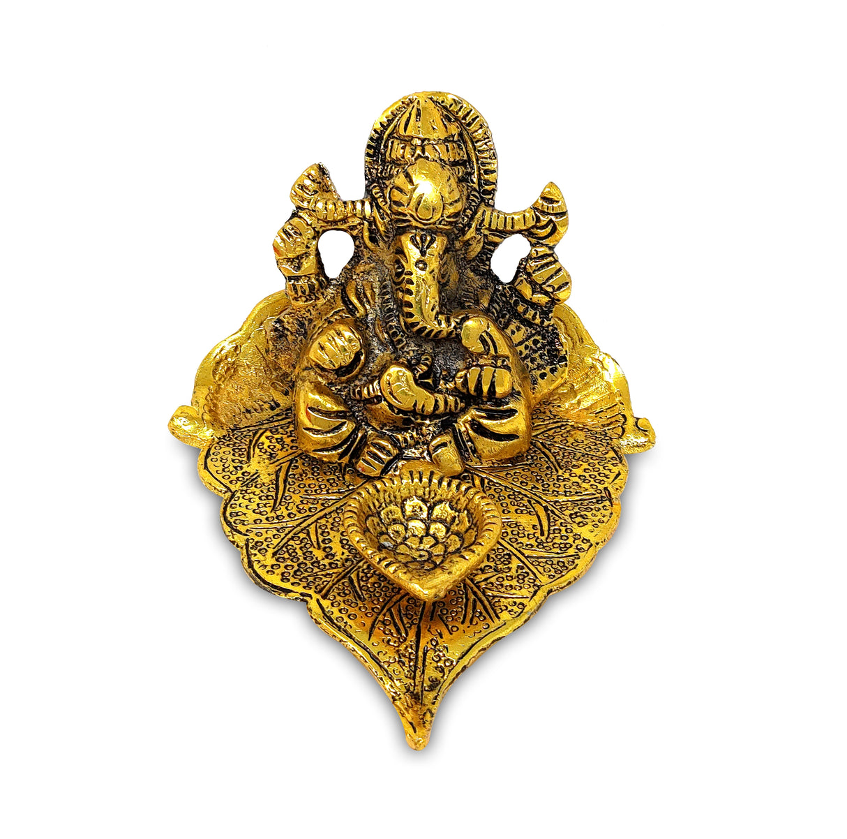 NOBILITY Gold Diya Ganesha on Leaf Oil Lamp Statue Idol with Blue Velvet Gift Box Pooja Items Diwali Decoration Puja Gifts Handmade Oil Lamp Traditional Indian Deepawali Gift Items