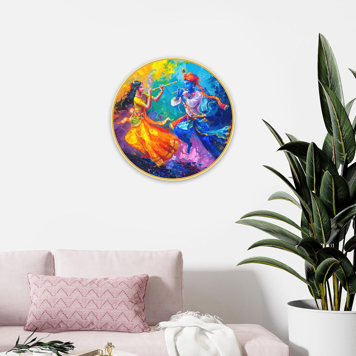 NOBILITY Radha Krishna Painting modern sparkle lamination wall art with premium golden slim frame for Home Living Room