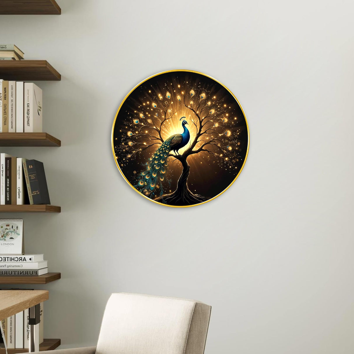 NOBILITY Peacock Painting modern sparkle lamination wall art with premium golden slim frame for Home Living Room Office Wedding Return Christmas Diwali Gift Items for Friends Family