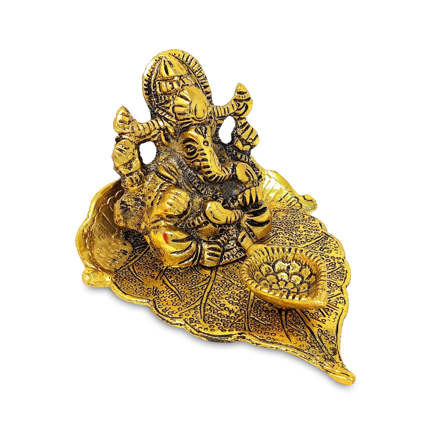 NOBILITY Gold Diya Ganesha on Leaf Oil Lamp Statue Idol with Blue Velvet Gift Box Pooja Items Diwali Decoration Puja Gifts Handmade Oil Lamp Traditional Indian Deepawali Gift Items