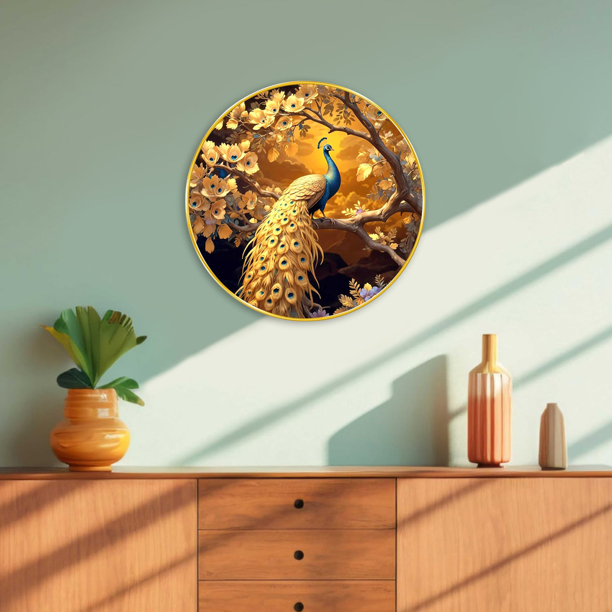 NOBILITY Peacock Painting modern sparkle lamination wall art with premium golden slim frame for Home Living Room Office Wedding Return Christmas Diwali Gift Items for Friends Family