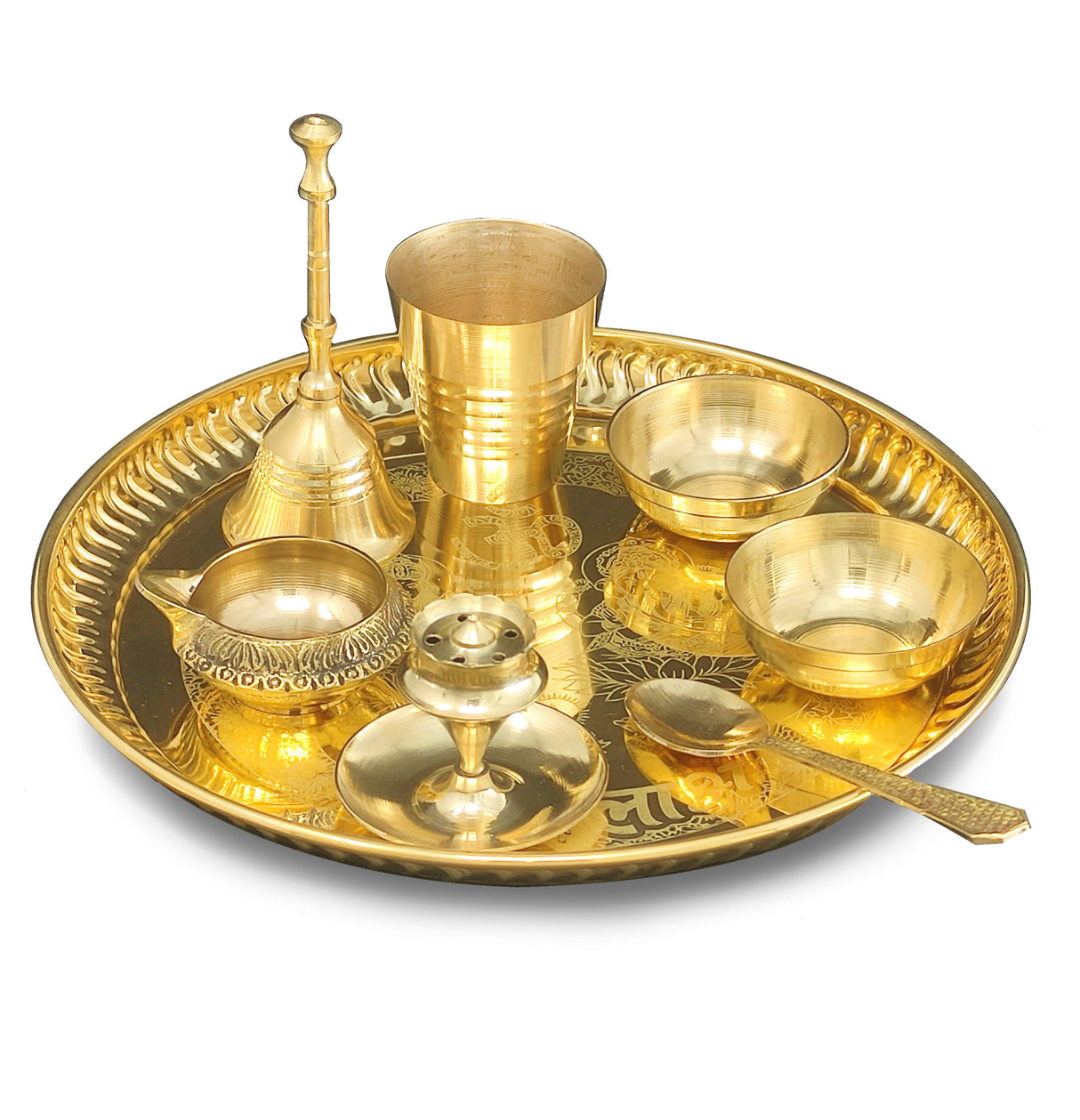 Bengalen Brass Pooja thali Set 8 Inch with Pital Plate Glass Spoon Ghanti Bowl Agarbatti Stand Kuber Diya Puja Thali for Diwali Home Mandir Office Wedding Return Gift Items