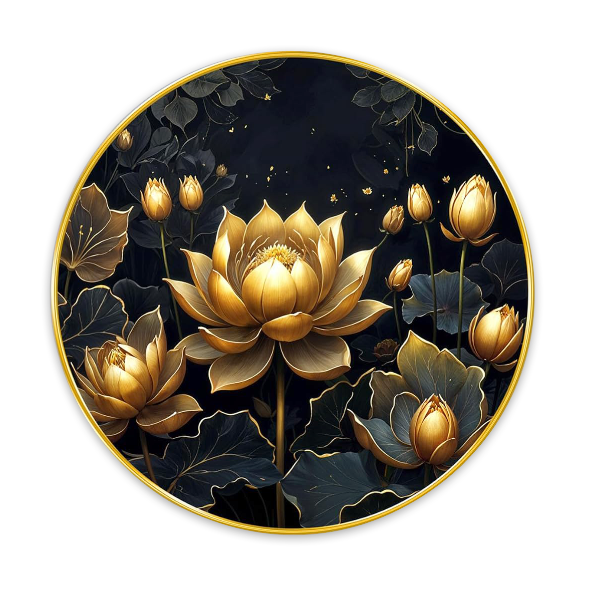 NOBILITY Golden Lotus Painting modern sparkle lamination Flower wall art with premium golden slim frame for Home Living Room Office Wedding Return Christmas Diwali Gift Items for Friends Family