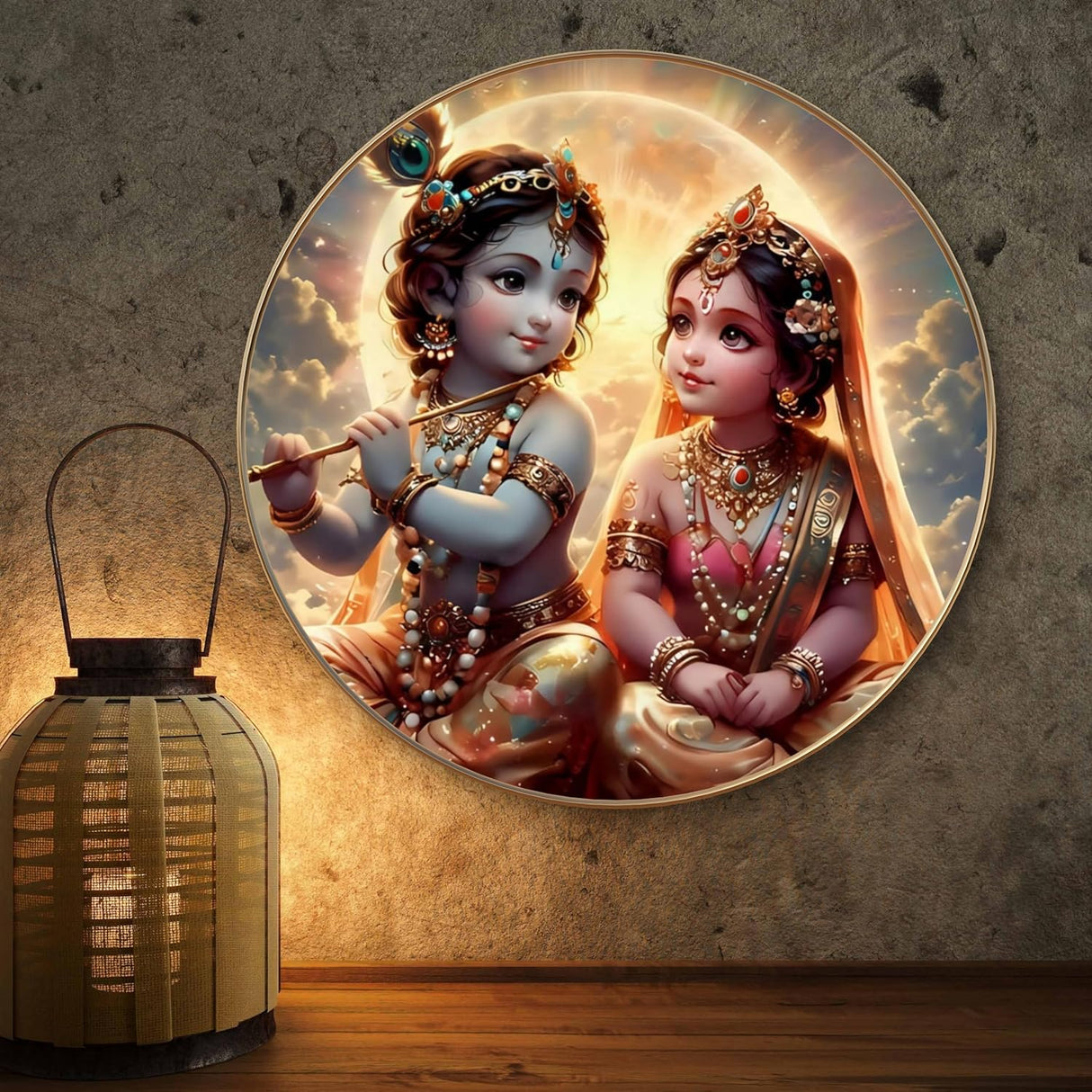 NOBILITY Radha Krishna Painting modern sparkle lamination wall art with premium golden slim frame for Home Living Room