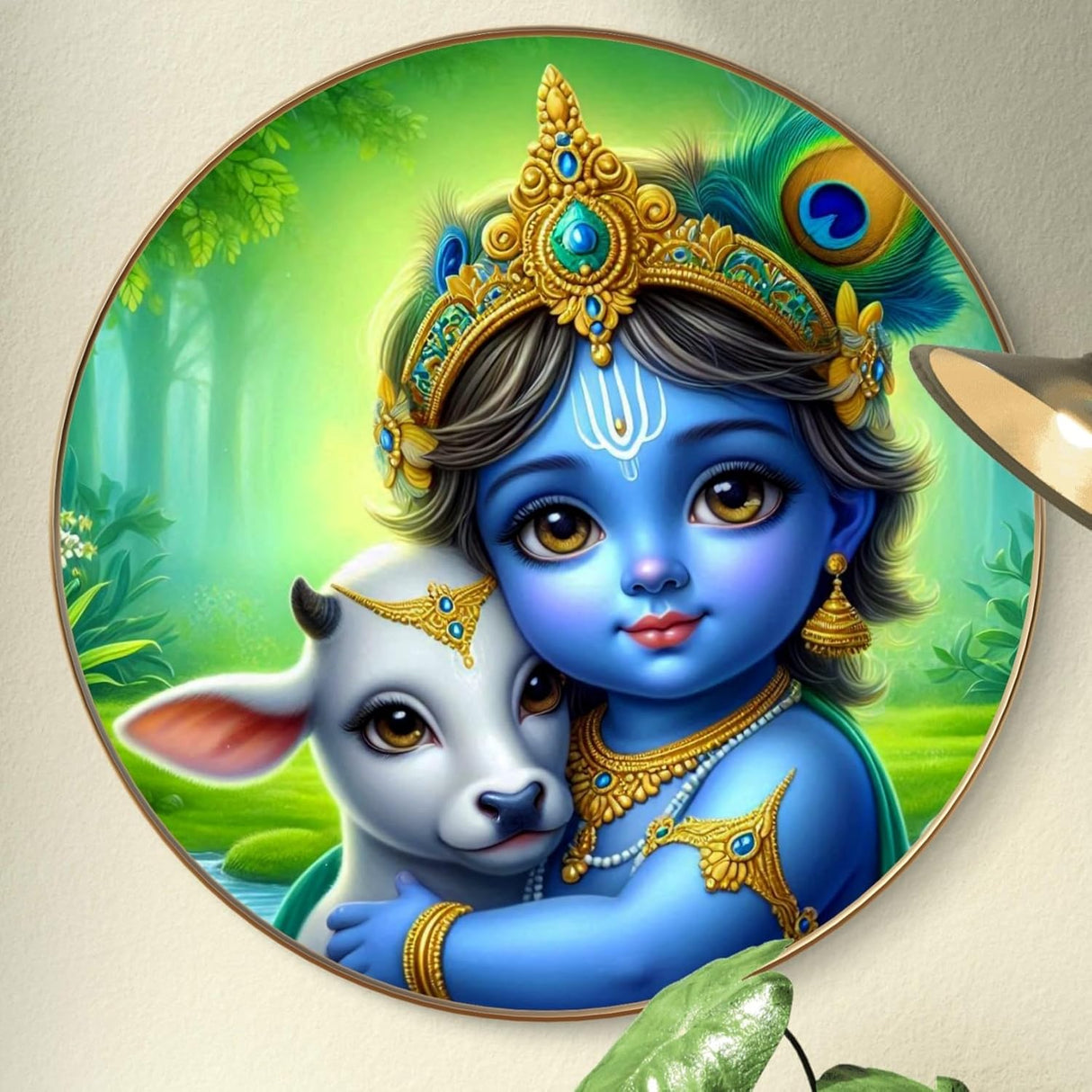 NOBILITY Krishna with cow Painting modern sparkle lamination Kanha wall art with premium golden slim frame for Home Living Room Office Wedding Return Christmas Diwali Gift Items for Friends Family