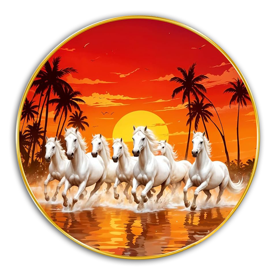 NOBILITY Seven Running Horses Painting modern sparkle lamination wall art with premium golden slim frame for Home Living Room Office Wedding Return Christmas Diwali Gift Items for Friends Family