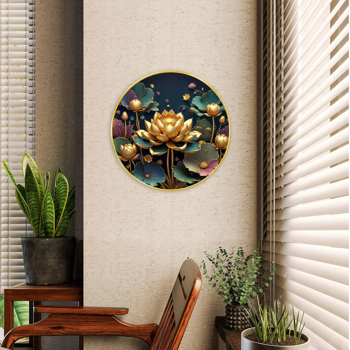 NOBILITY Golden Lotus Painting modern sparkle lamination wall art with premium golden slim frame for Home Living Room
