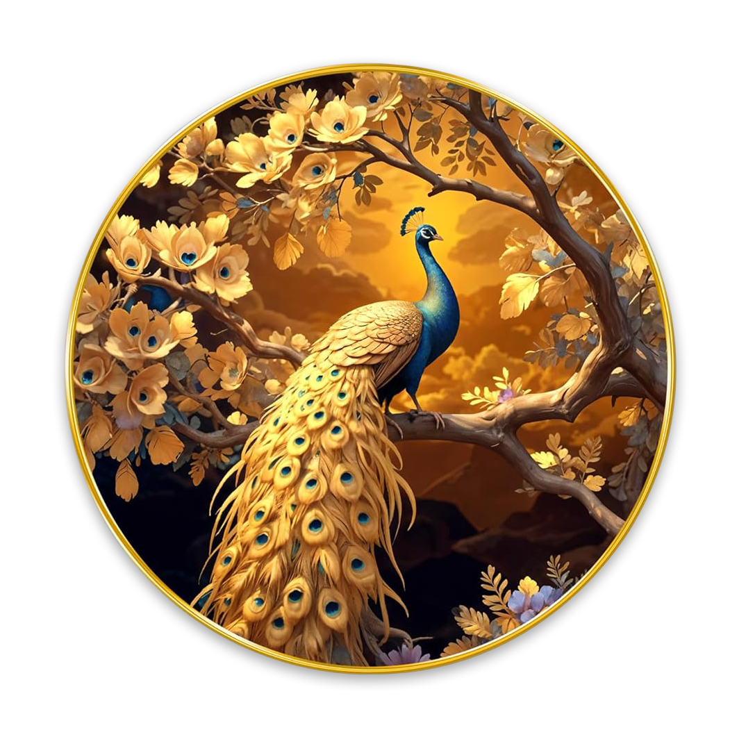 NOBILITY Peacock Painting modern sparkle lamination wall art with premium golden slim frame for Home Living Room Office Wedding Return Christmas Diwali Gift Items for Friends Family