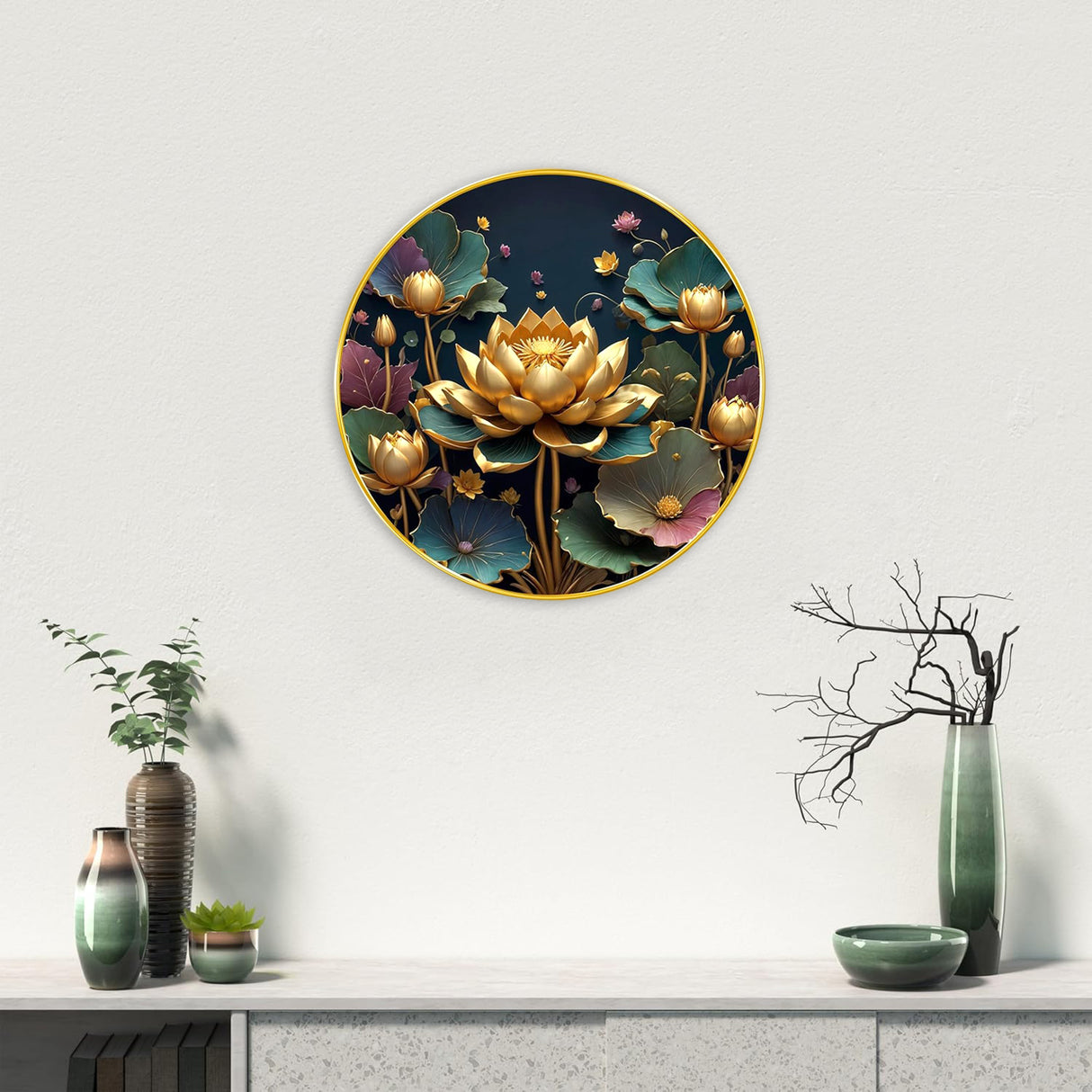 NOBILITY Golden Lotus Painting modern sparkle lamination wall art with premium golden slim frame for Home Living Room