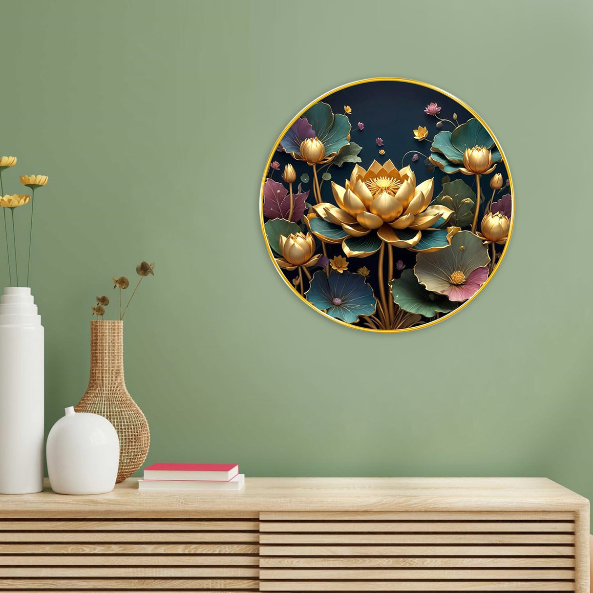 NOBILITY Golden Lotus Painting modern sparkle lamination wall art with premium golden slim frame for Home Living Room