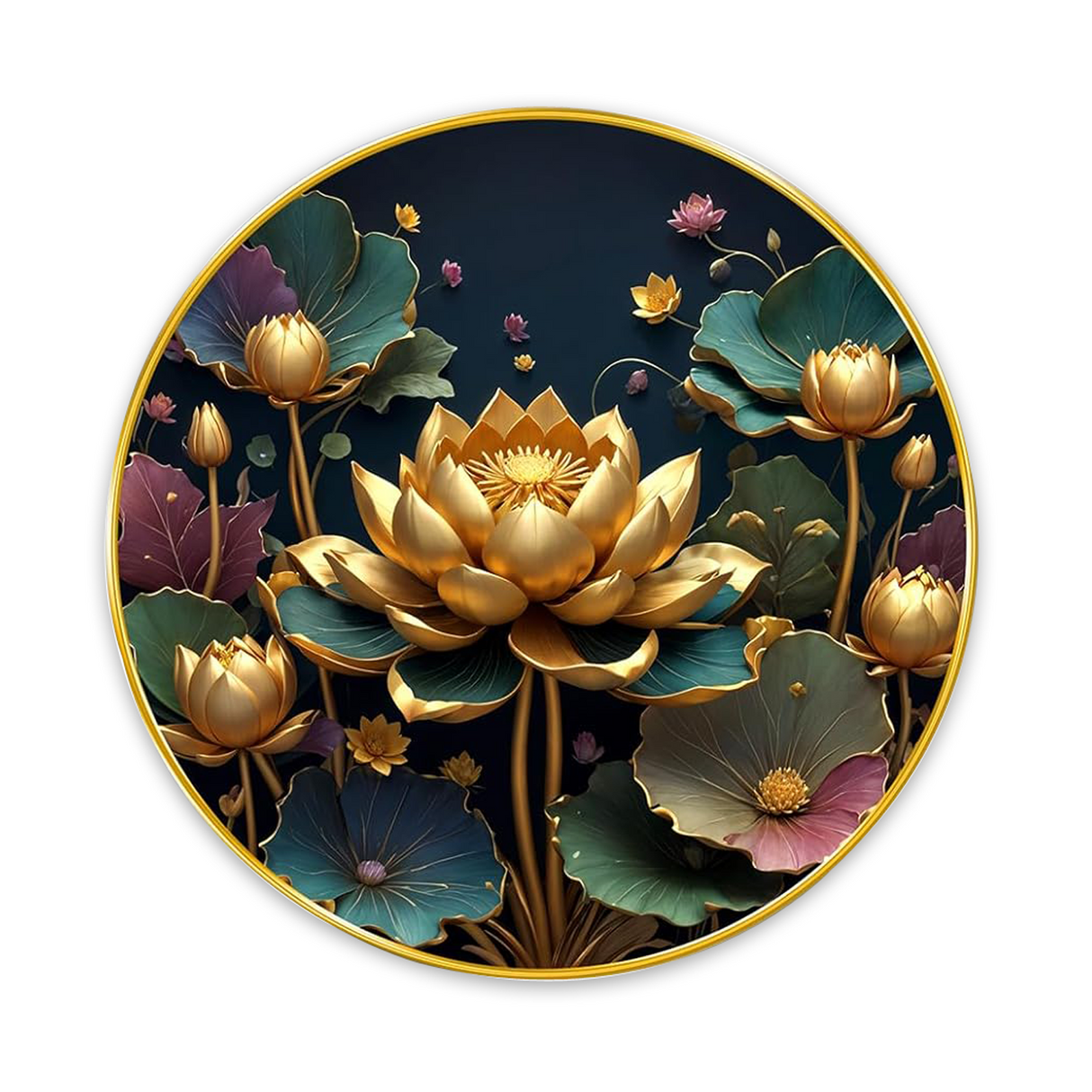 NOBILITY Golden Lotus Painting modern sparkle lamination wall art with premium golden slim frame for Home Living Room