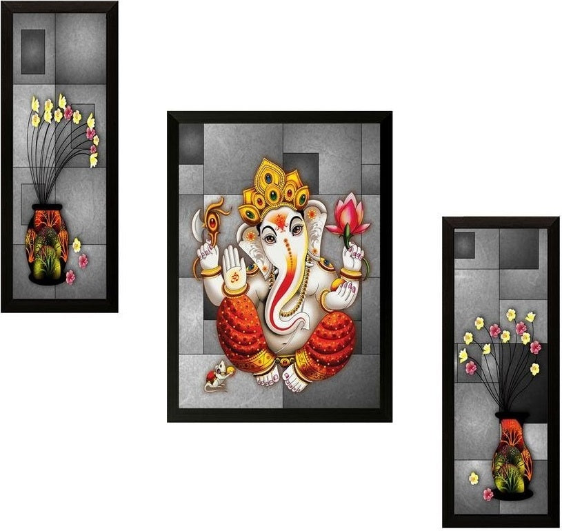 NOBILITY Ganesha Framed Painting Set of 3 Ganesh Wall Art Decor Statue Idol Decoration for Home Living Room Office Wedding Return Gift Items friends family