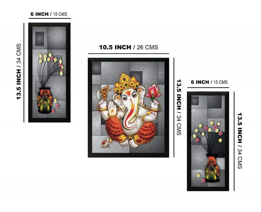 NOBILITY Ganesha Framed Painting Set of 3 Ganesh Wall Art Decor Statue Idol Decoration for Home Living Room Office Wedding Return Gift Items friends family