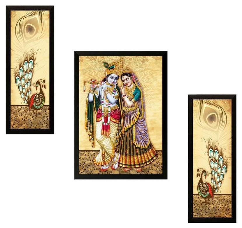 NOBILITY Radha Krishna Framed Painting Set of 3 Wall Art Decor Statue Idol Janmashtami Decoration for Home Living Room Office Wedding Return Gift Items friends family