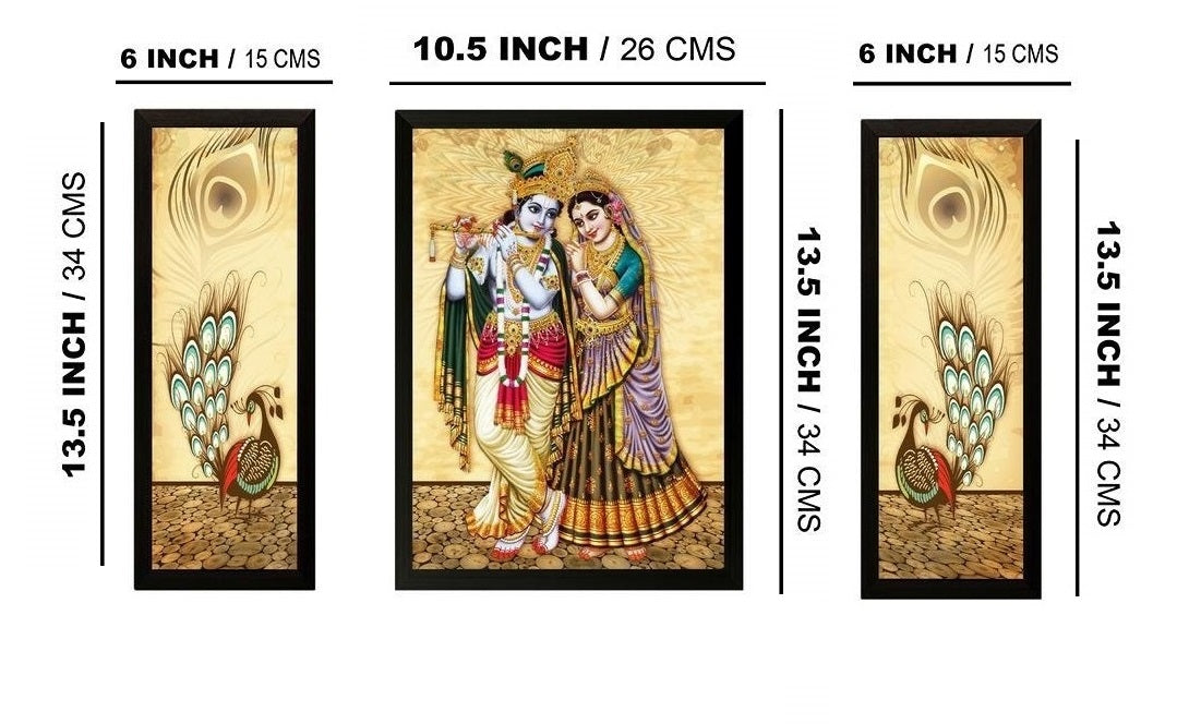 NOBILITY Radha Krishna Framed Painting Set of 3 Wall Art Decor Statue Idol Janmashtami Decoration for Home Living Room Office Wedding Return Gift Items friends family