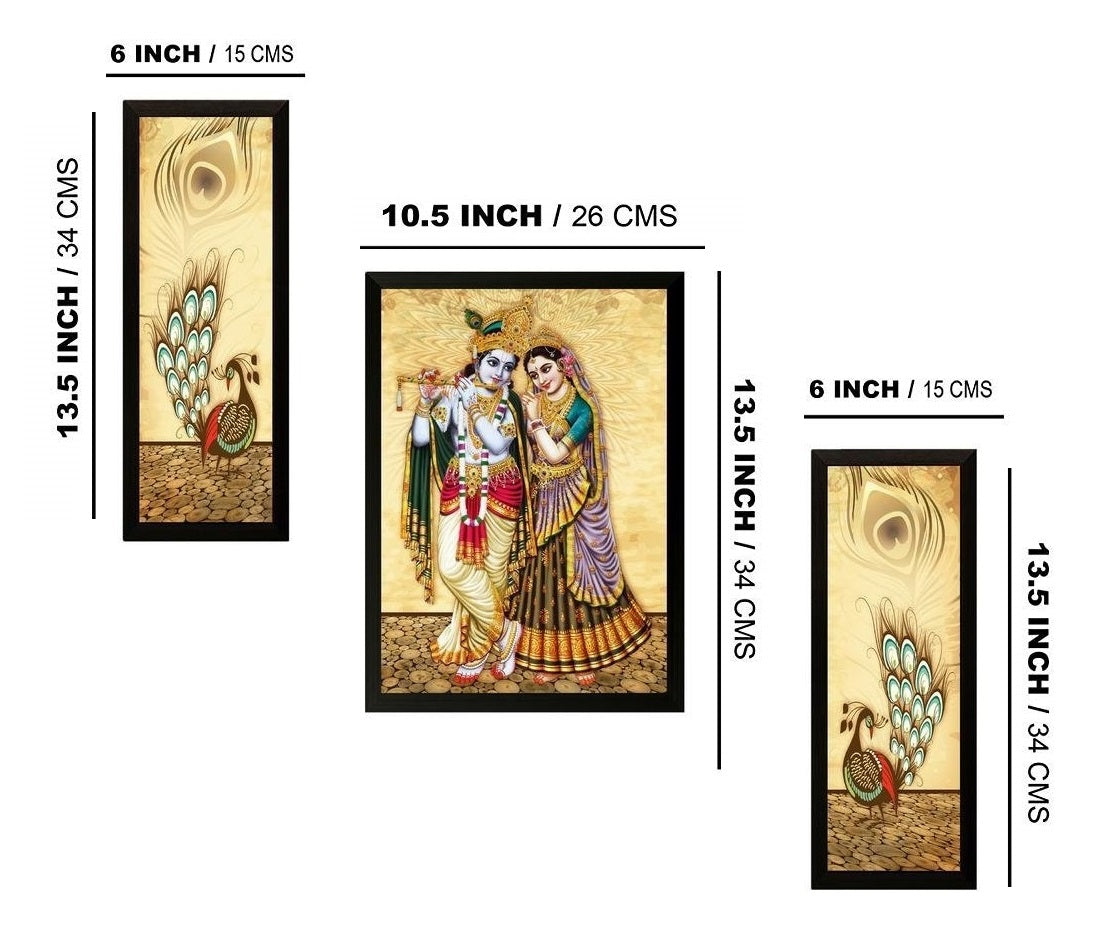 NOBILITY Radha Krishna Framed Painting Set of 3 Wall Art Decor Statue Idol Janmashtami Decoration for Home Living Room Office Wedding Return Gift Items friends family