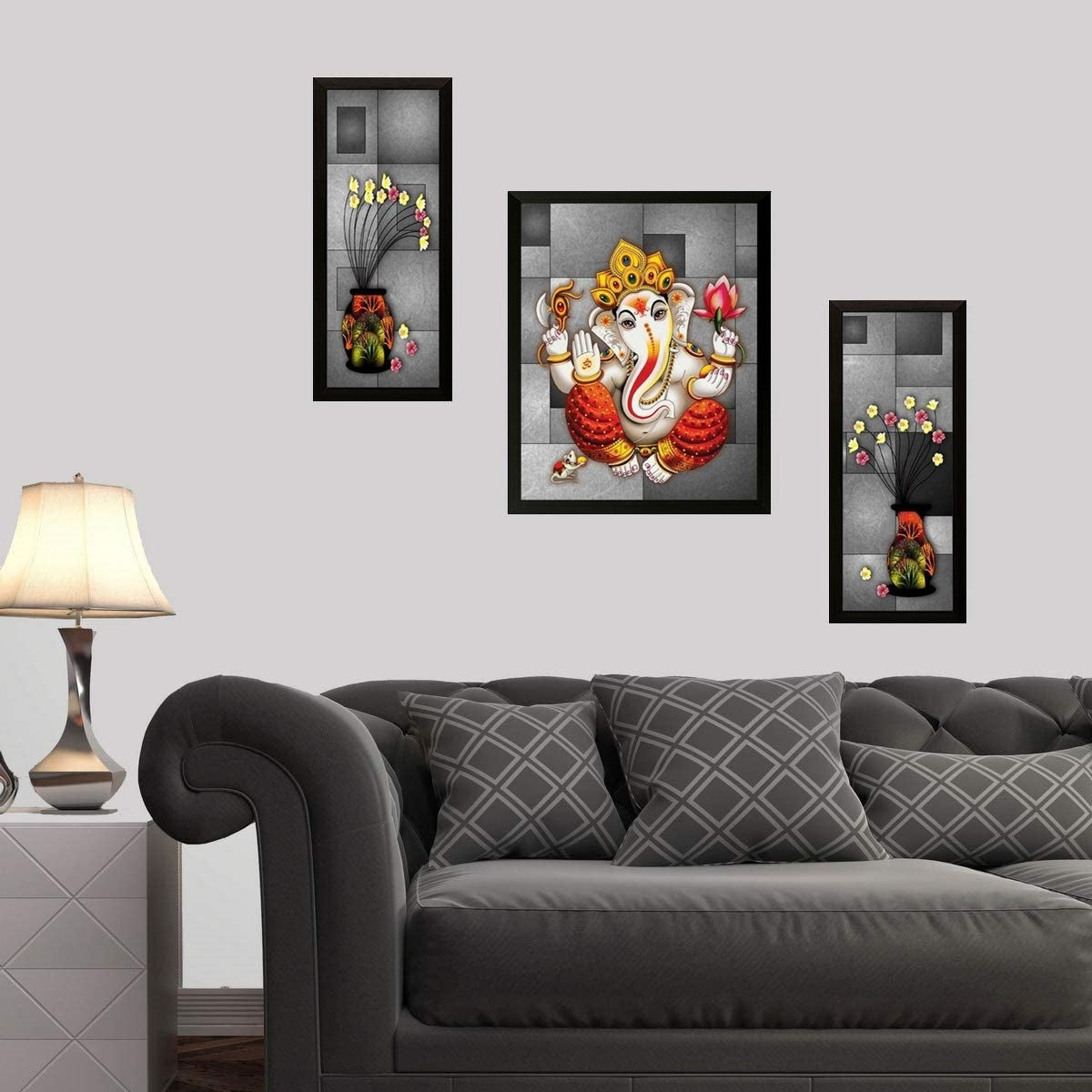 NOBILITY Ganesha Framed Painting Set of 3 Ganesh Wall Art Decor Statue Idol Decoration for Home Living Room Office Wedding Return Gift Items friends family