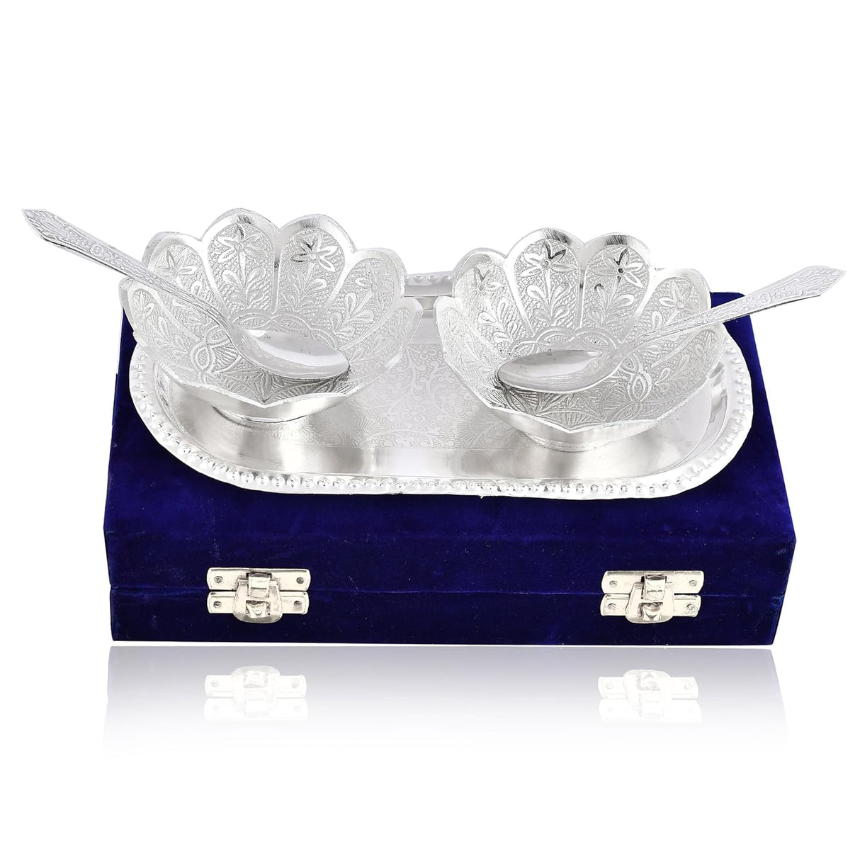 Bengalen Silver Plated Bowl Spoon Tray Set Dry Fruits Dessert Serving Set Diwali Gifts Friends Family Home Decorative Corporate Christmas Wedding Return Gift Items 6 Sets