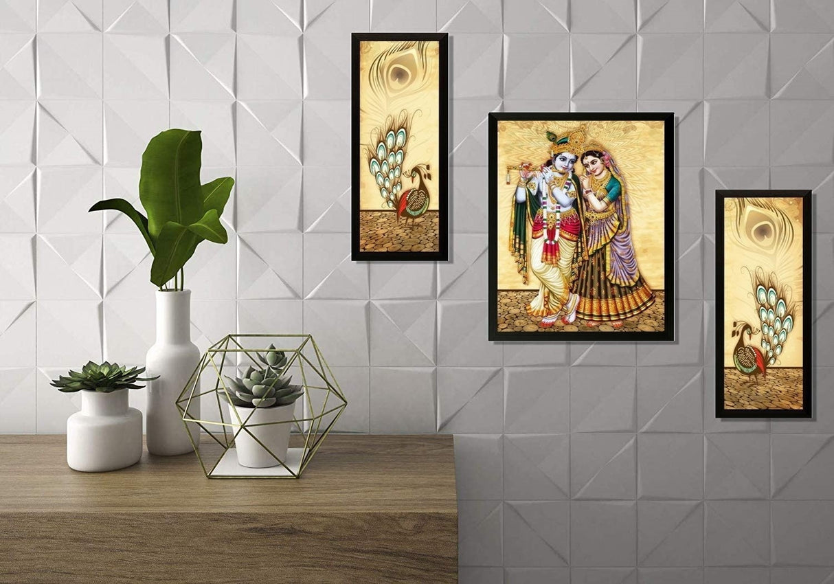 NOBILITY Radha Krishna Framed Painting Set of 3 Wall Art Decor Statue Idol Janmashtami Decoration for Home Living Room Office Wedding Return Gift Items friends family