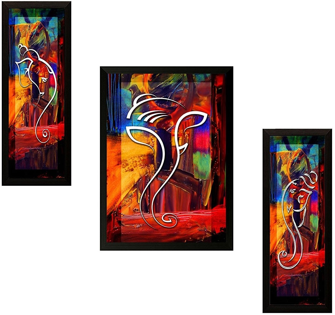 NOBILITY Ganesh Framed Painting Set of 3 Ganesha Wall Art Decor Statue Idol Decoration for Home Living Room Office Wedding Return Gift Items friends family