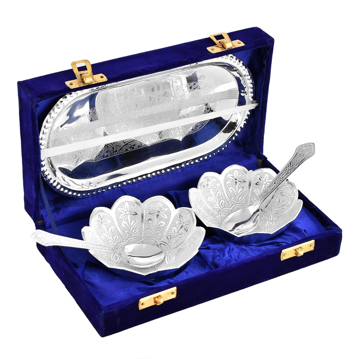 Bengalen Silver Plated Bowl Spoon Tray Set Dry Fruits Dessert Serving Set Diwali Gifts Friends Family Home Decorative Corporate Christmas Wedding Return Gift Items 6 Sets