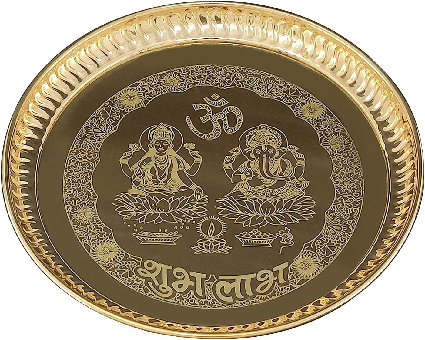 NOBILITY Brass Pooja Plate 8 Inch Ganesh Lakshmi Design Puja Set Arti Thali Traditional Indian for Home Office Mandir Wedding Return Diwali Decoration Gift Items