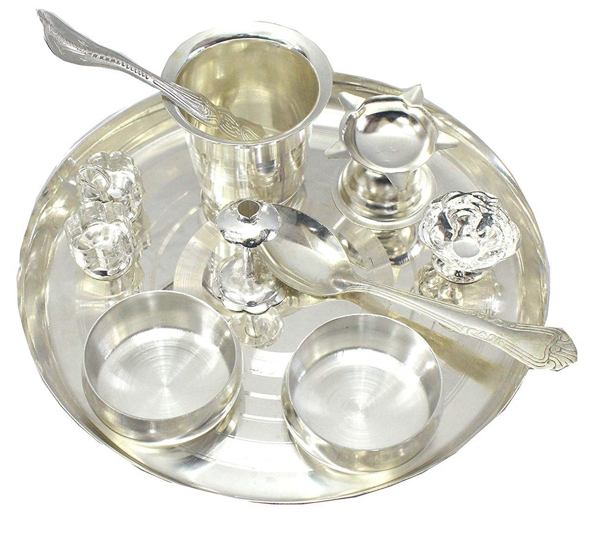 Bengalen Silver Plated Pooja Thali Set 8 Inch Festival Ethnic Puja Thali Gift for Diwali Home Temple Office Wedding Return Gift Items