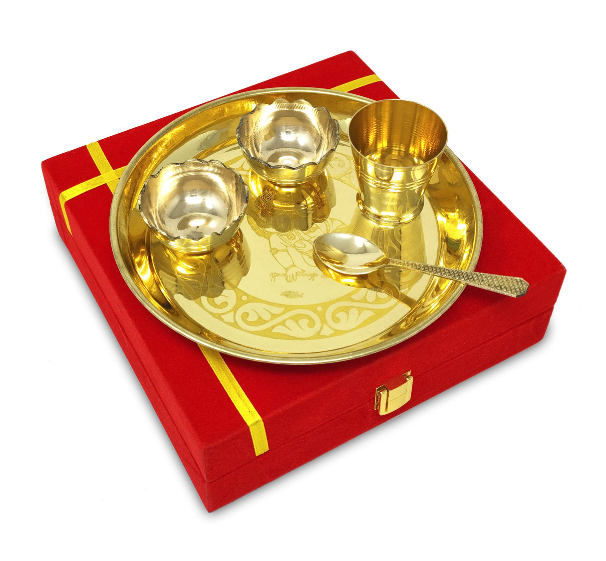 NOBILITY Pooja Thali Set Small 7 Inch With Red Velvet Box Brass Laddu Gopal Bhog Thali for Krishna Janmashtami Decoration Puja Item Festival Puja Kanha Bhog Thali Set for Home Office Mandir Return Gift Items