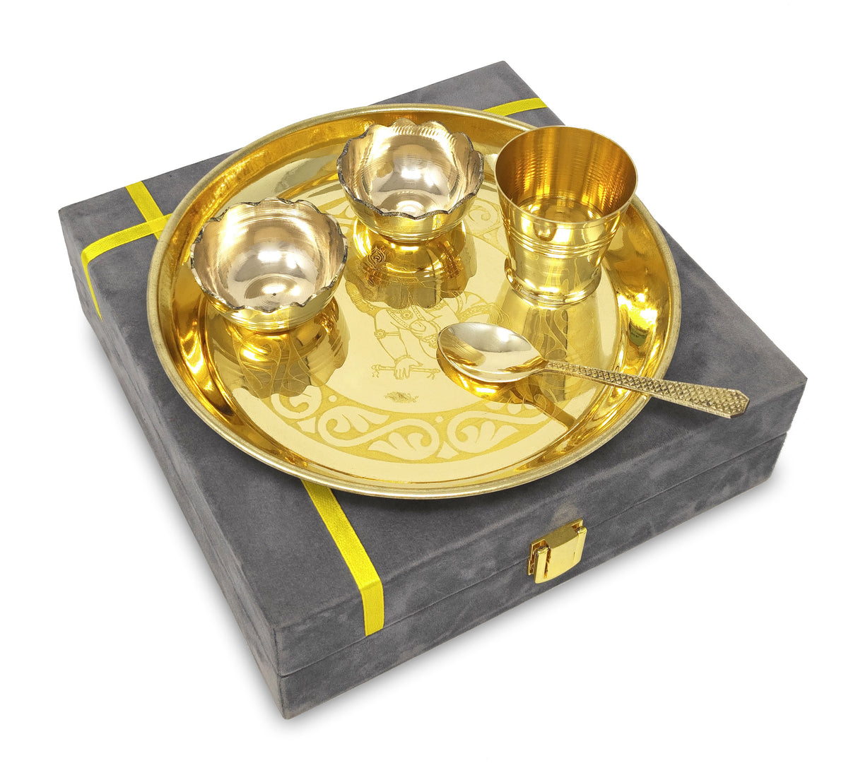NOBILITY Pooja Thali Set Small 7 Inch With Gray Velvet Box Brass Laddu Gopal Bhog Thali for Krishna Janmashtami Decoration Puja Item Festival Puja Kanha Bhog Thali Set for Home Office Mandir Return Gift Items