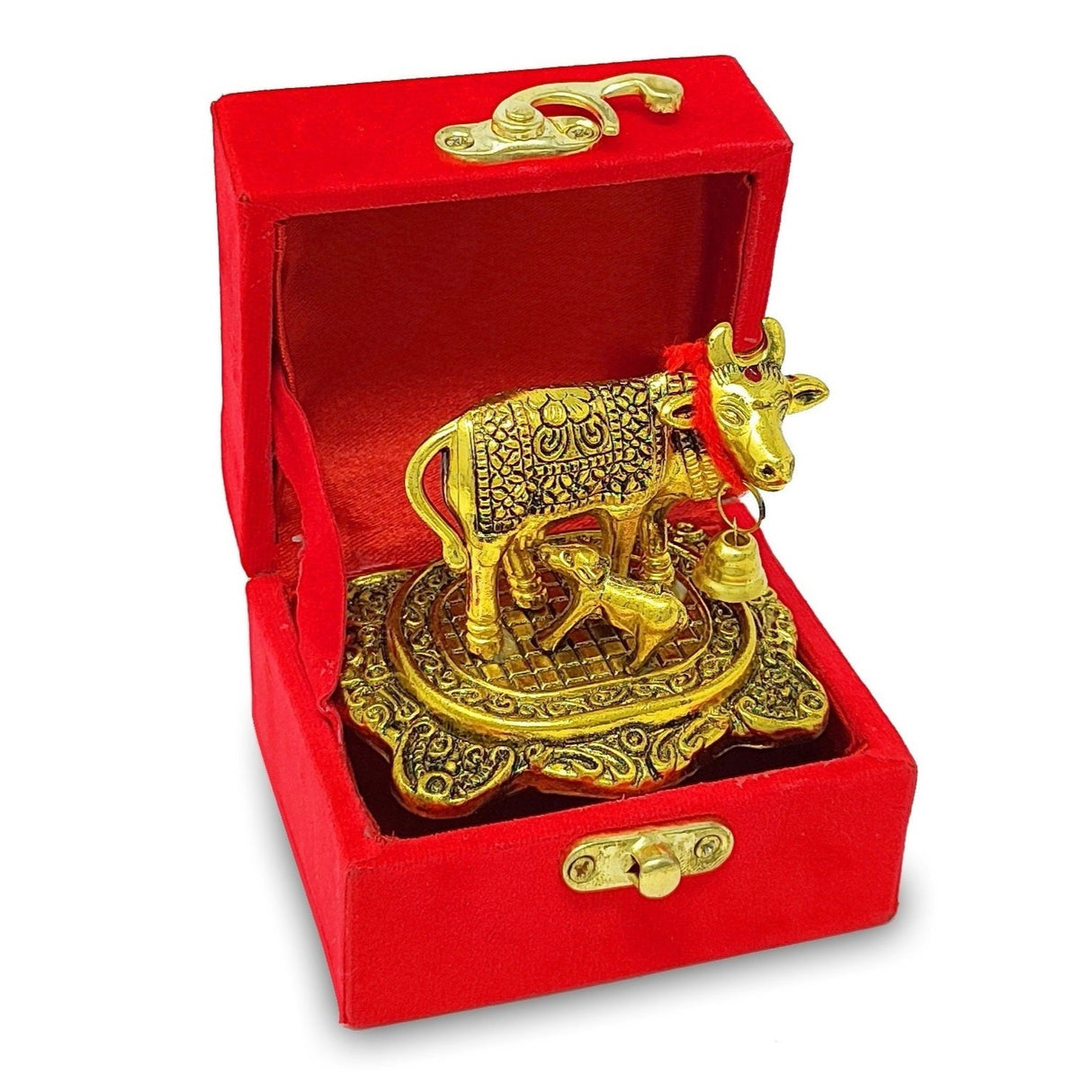 NOBILITY Golden Small Kamdhenu Cow with Calf Metal Statue with Red Gift Box Decorative Item Showpiece for Home Office Diwali Decoration Items Wedding Return Gifts