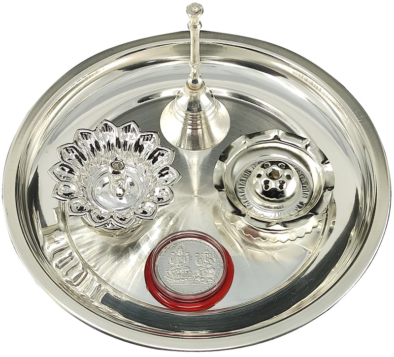 NOBILITY Silver Plated Pooja Thali Set 7 Inch Daily Puja Decorative for Home Mandir Office Wedding Return Gift Items