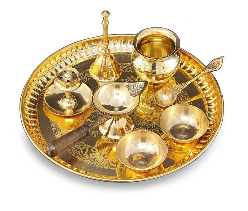 NOBILITY Brass Pooja Thali Set 8 Inch with Pital Puja Plate Kalash Bowl Palli Chandan Wati Diya Ghanti Dhup Dan Arti Thali for Diwali Home Office Mandir Wedding Return Gift Items