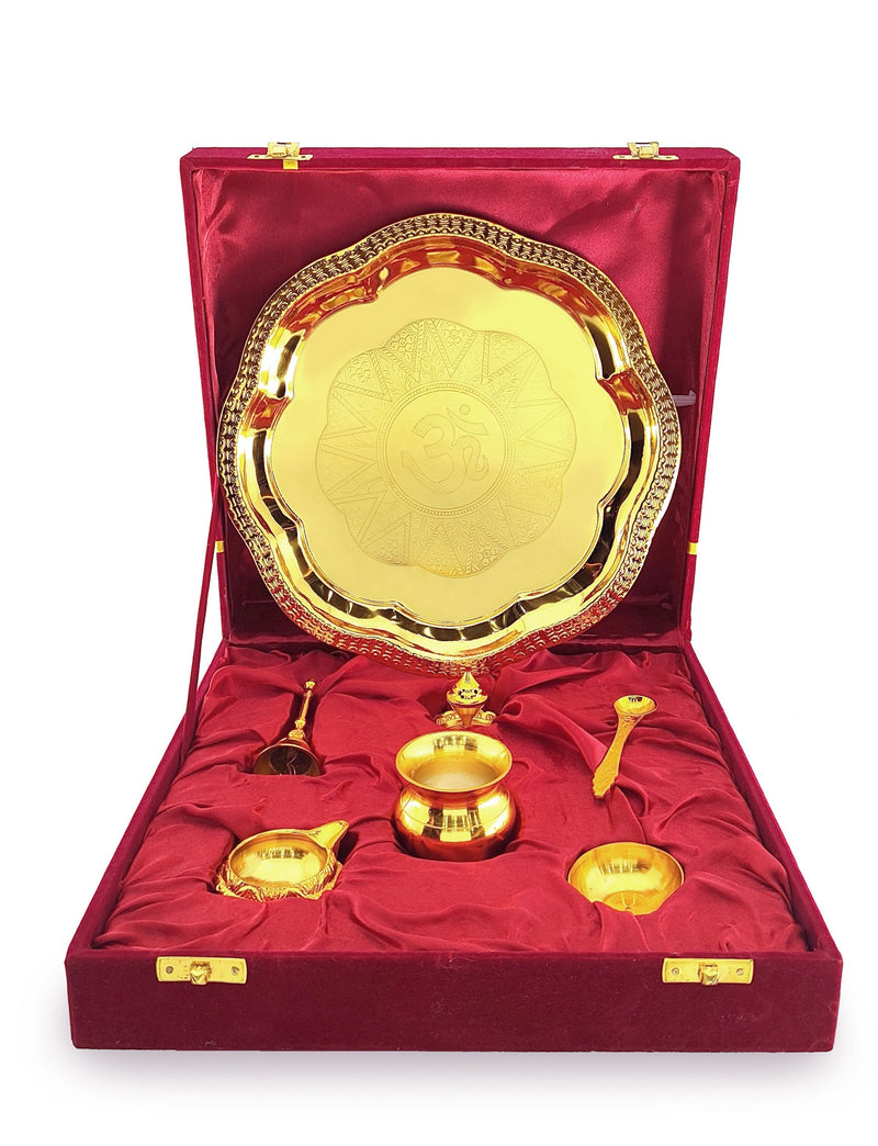 NOBILITY Pooja Thali Set Gold & Silver Plated with Red Gift Box Designed Puja Plate 22 CM Bowl Ghanti Kalash Spoon Dhup Dan Diya for Home Office Diwali Wedding Return Gift Items