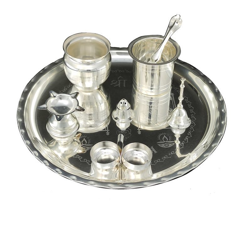 NOBILITY 12 Inch Silver Plated Pooja Thali Set with Accessories Daily Puja Decorative Gifts for Home Office Mandir Diwali Wedding Return Gift Items