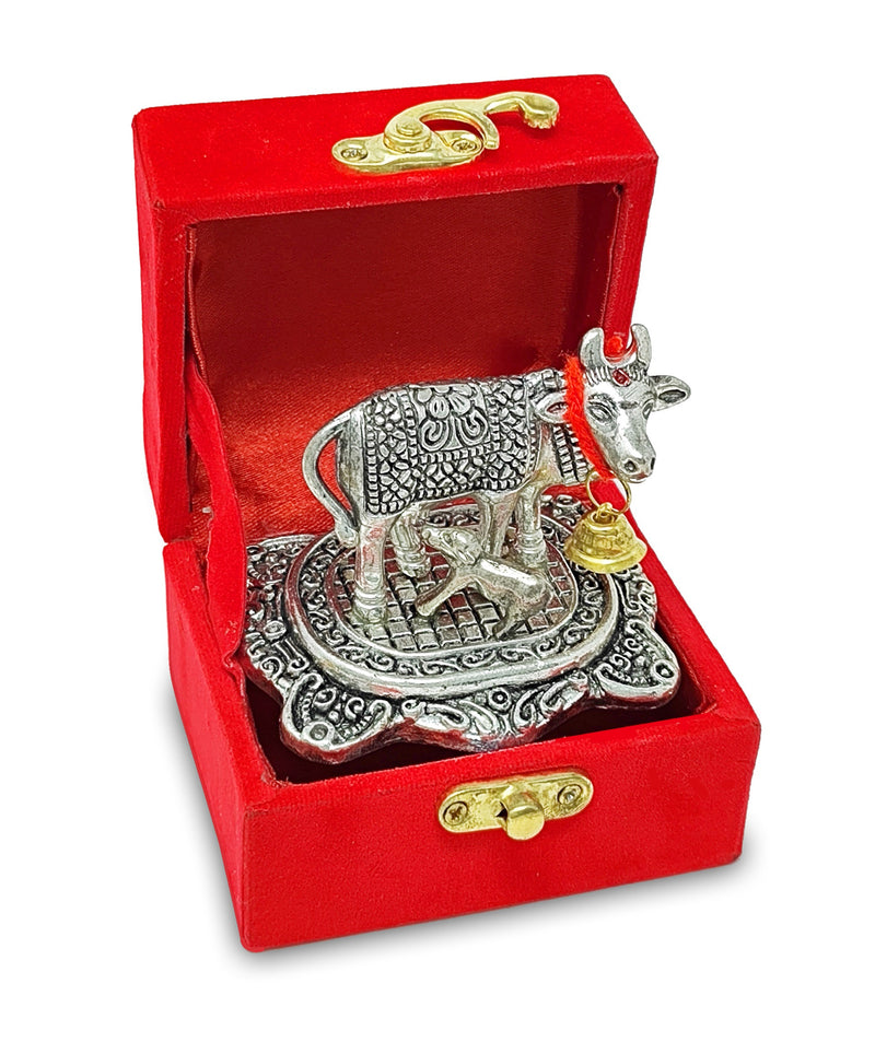 NOBILITY Small Kamdhenu Cow with Calf Metal Statue with Red Velvet Gift Box Decorative Item Showpiece for Home Office Diwali Decoration items Wedding Return Gifts