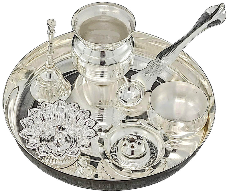 NOBILITY Silver Plated Pooja thali Set 7 Inch Festival Ethnic Puja Thali Items for Diwali Daily Home Mandir Office Wedding Return Gift