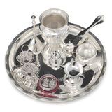 Bengalen Silver Plated Pooja thali Set 8 Inch with Plate Ghanti Bowl Spoon Coin Dhup Dan Diya Kumkum Stand Puja Thali for Home Mandir Office Wedding Return Diwali Gift Items