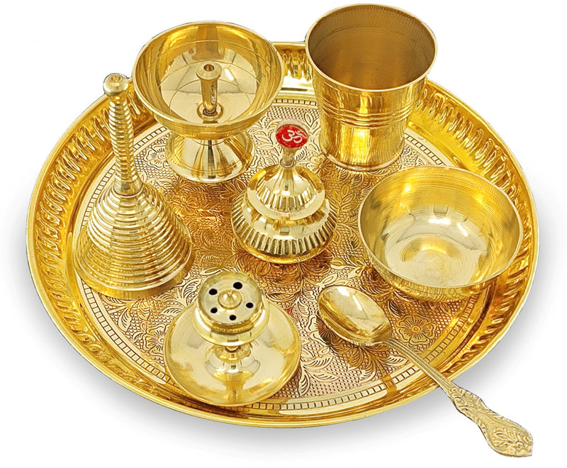 NOBILITY Brass Pooja Thali Set 8 Inch Puja Thali with Pital Plate Glass Bowl Piyali Diya Dhup Dan Sindoor Dibbi Ghanti Spoon Arti Thali for Diwali Home Office Mandir Wedding Return Gift Items