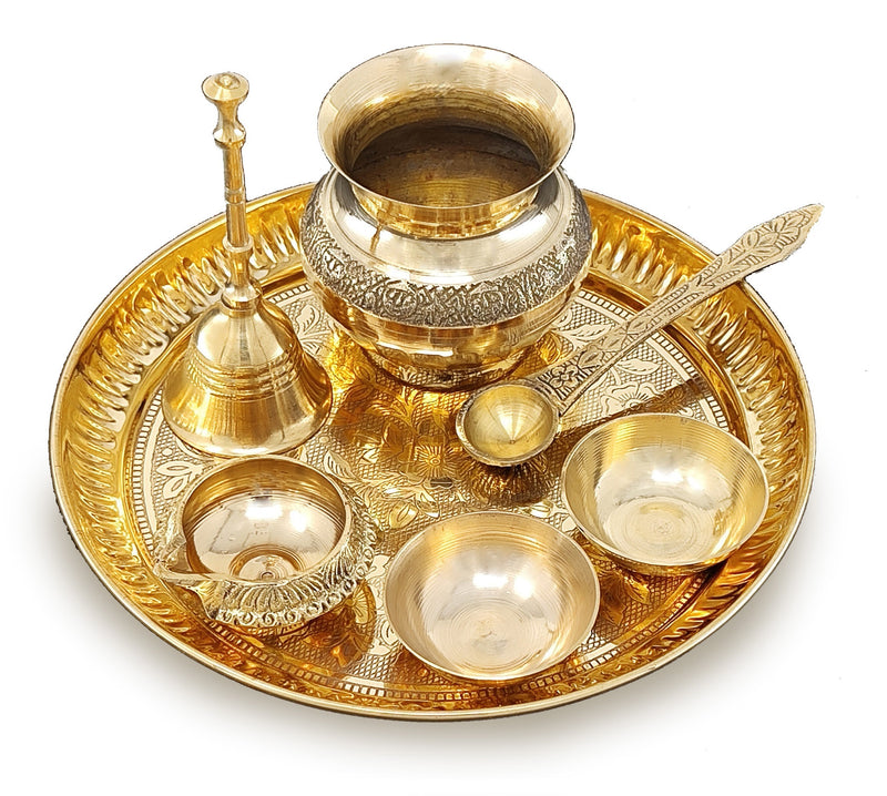 NOBILITY Brass Pooja Thali Set 7 Inch with Pital Puja Plate Kalash Bowl Spoon Dhup Dan Palli Ghanti Kuber Diya Chandan Wati Arti Thali for Diwali Home Office Mandir Wedding Return Gift Items